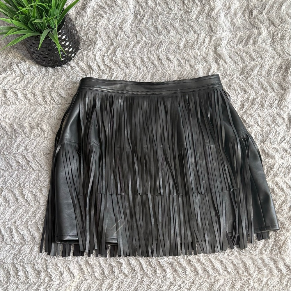 Bar III Black Leather Fringe Mini Skirt